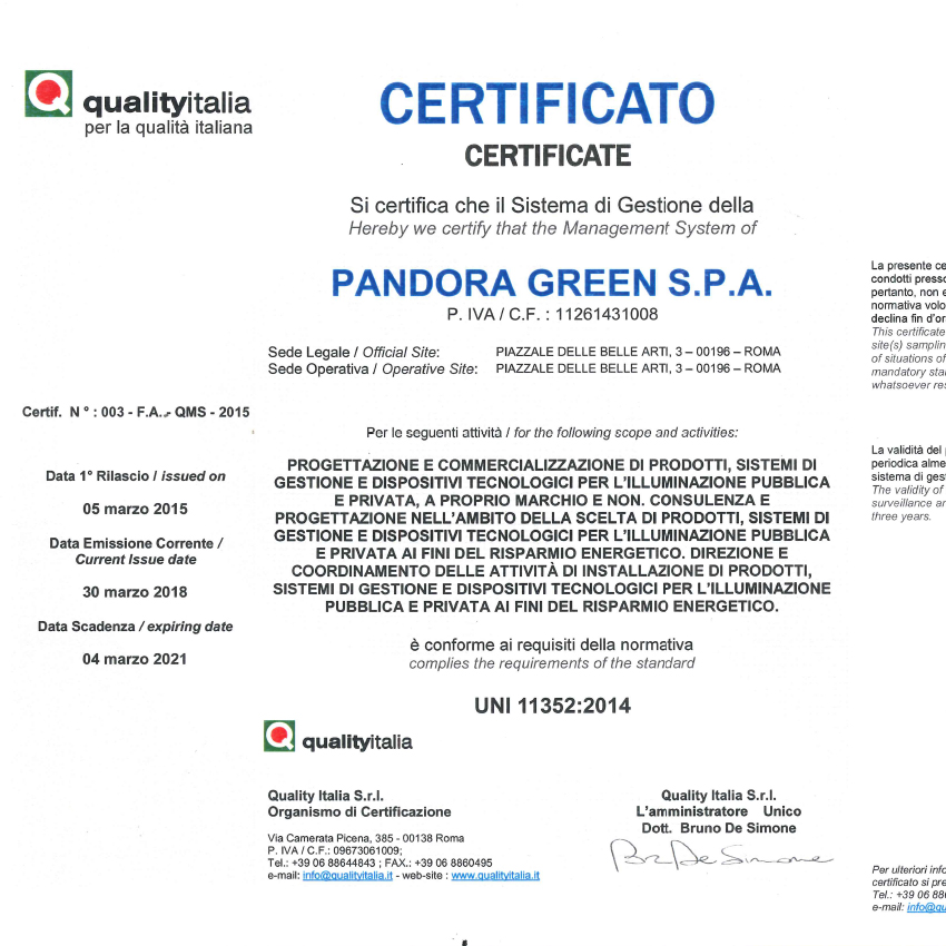PandoraGreen - Certificazioni - UNI 11352
