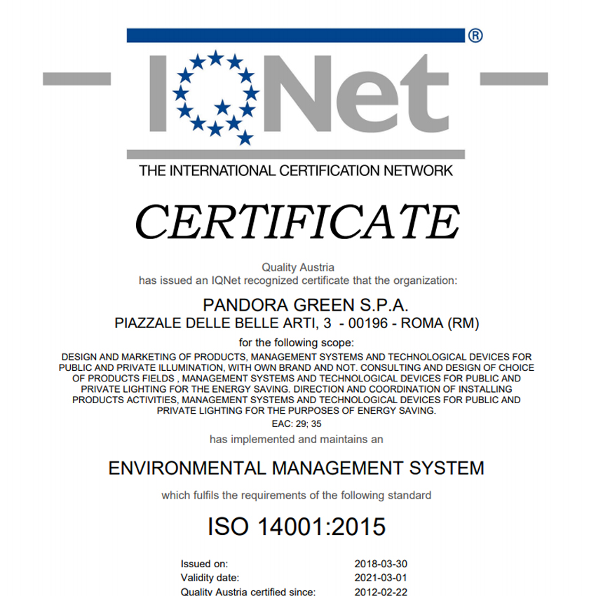 PandoraGreen - Certificazioni - ISO 14001
